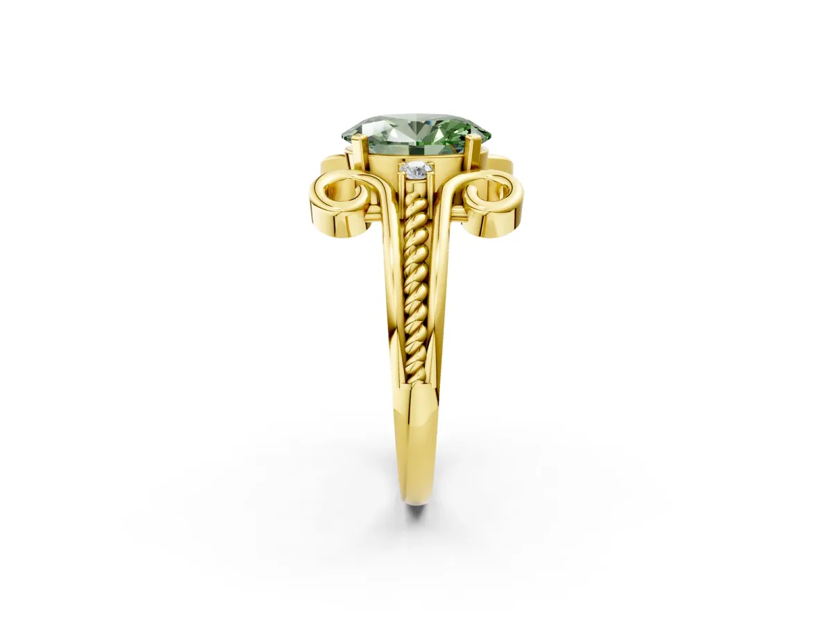 Fancy Green Oval Cut Solitaire Twisted Band Scroll Prong Ring Yellow gold