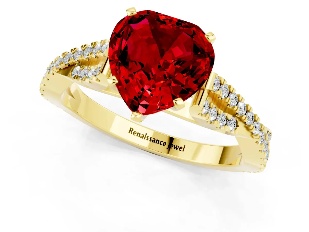 Heart Cut Ruby Solitaire Engagement Ring with Twisted Pavé Band and Four-Prong Setting Yellow gold