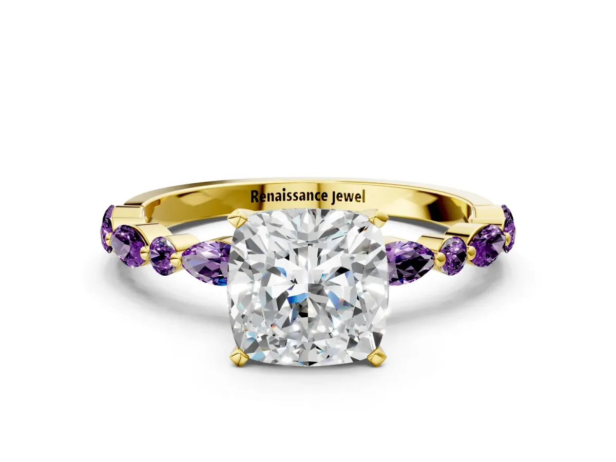 Cushion Cut Diamond Ring with Marquise and Round Amethyst Side Stones and Four-Prong Setting Yellow gold