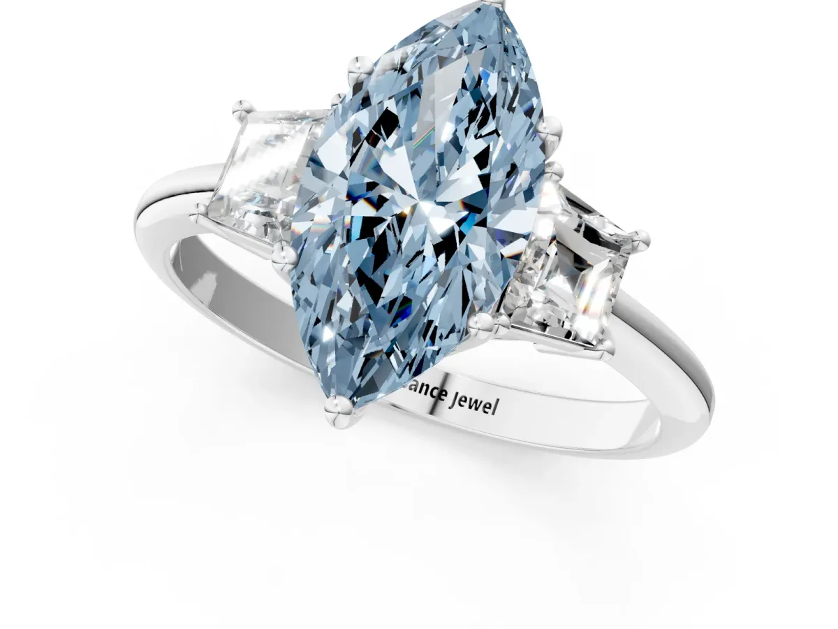Fancy Blue Marquise Cut Diamond Three-Stone Ring with Trapezoid Side Stones and Prong Setting Platinum