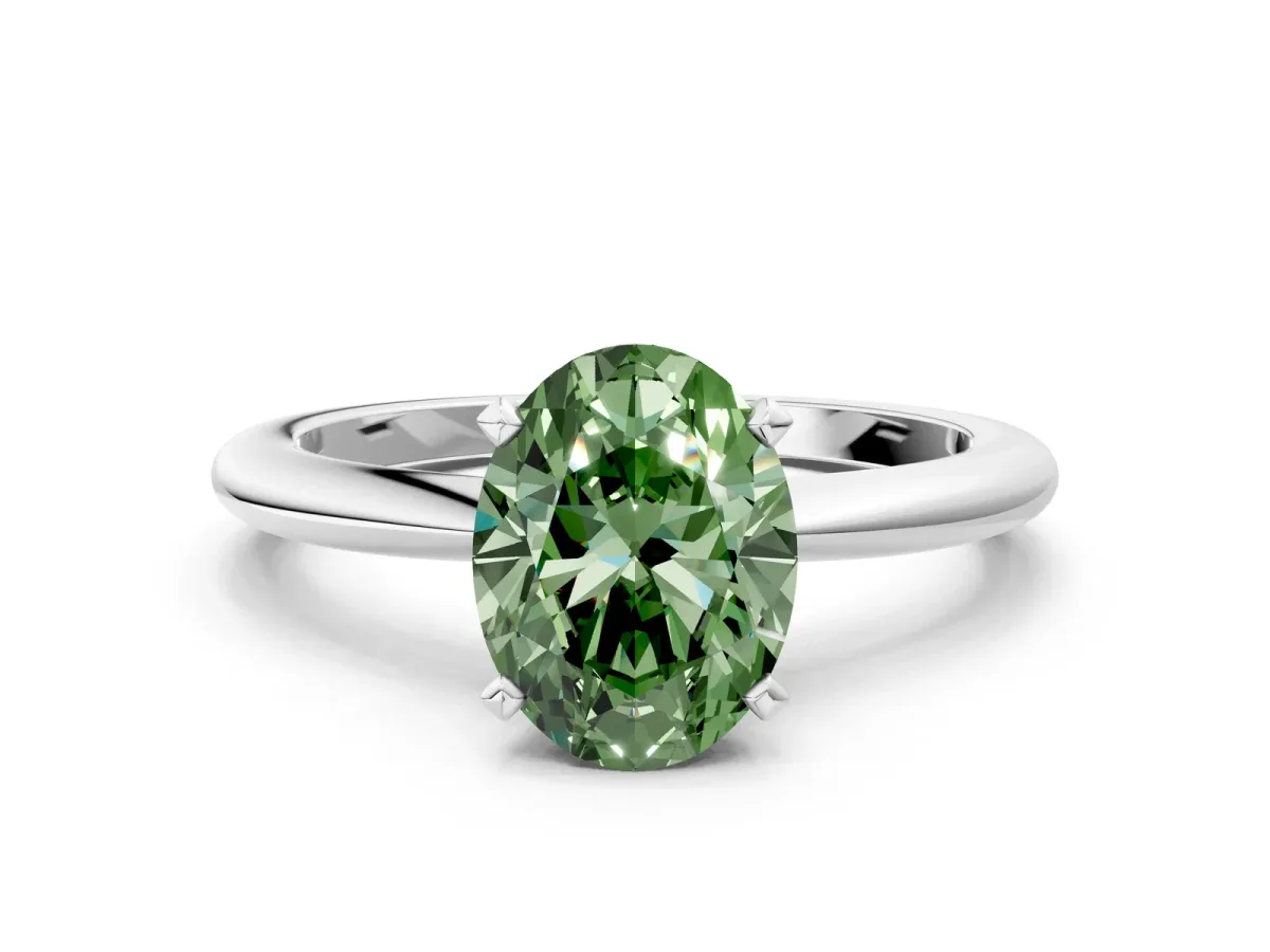 Fancy Green Oval Cut Diamond Solitaire Ring with Six-Prong Setting and Classic Band Platinum