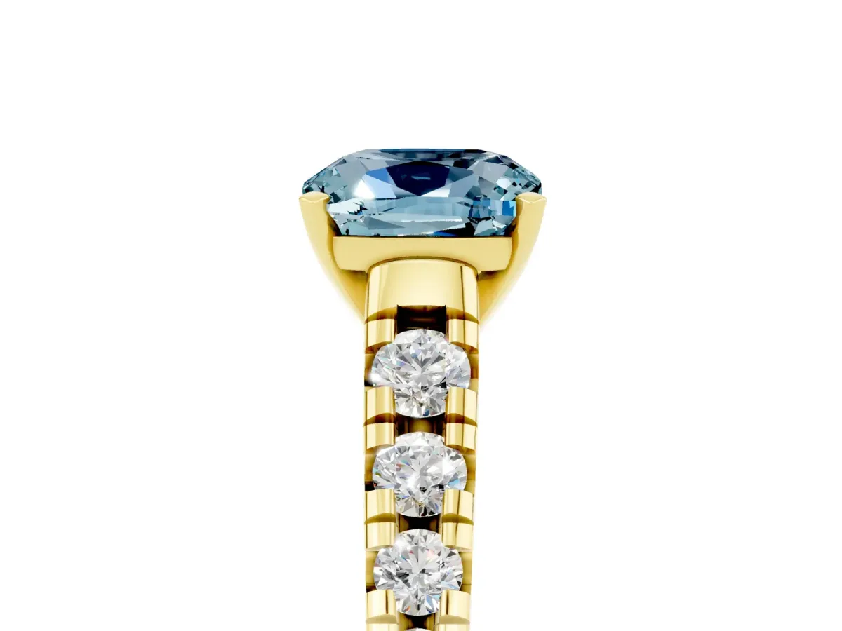 Cushion Cut Aquamarine Cathedral Solitaire Ring with Round Pavé Band Yellow gold