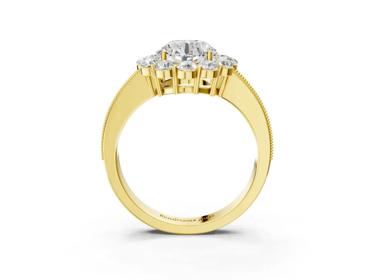 Round Cut Cut Halo Diamond Pavé Engagement Ring with Milgrain Detailing Yellow gold