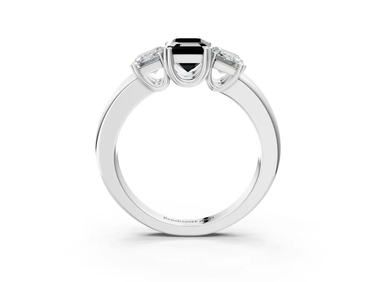 Fancy Black Three-Stone Emerald Cut Cut Diamond Ring with Channel Set Band and Four-Prong Setting Platinum