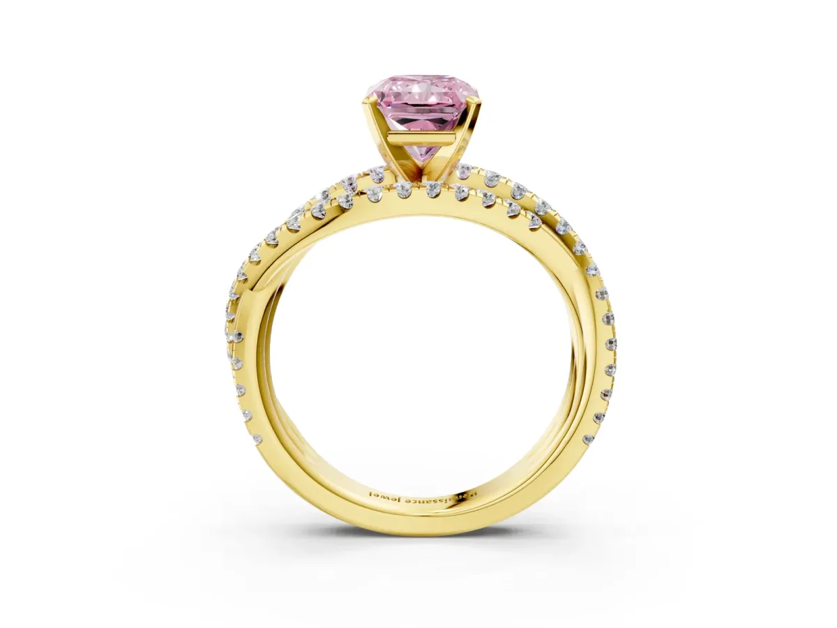Fancy Pink Radiant Cut Solitaire Twist Band with Pavé Setting and Four-Prong Setting Yellow gold