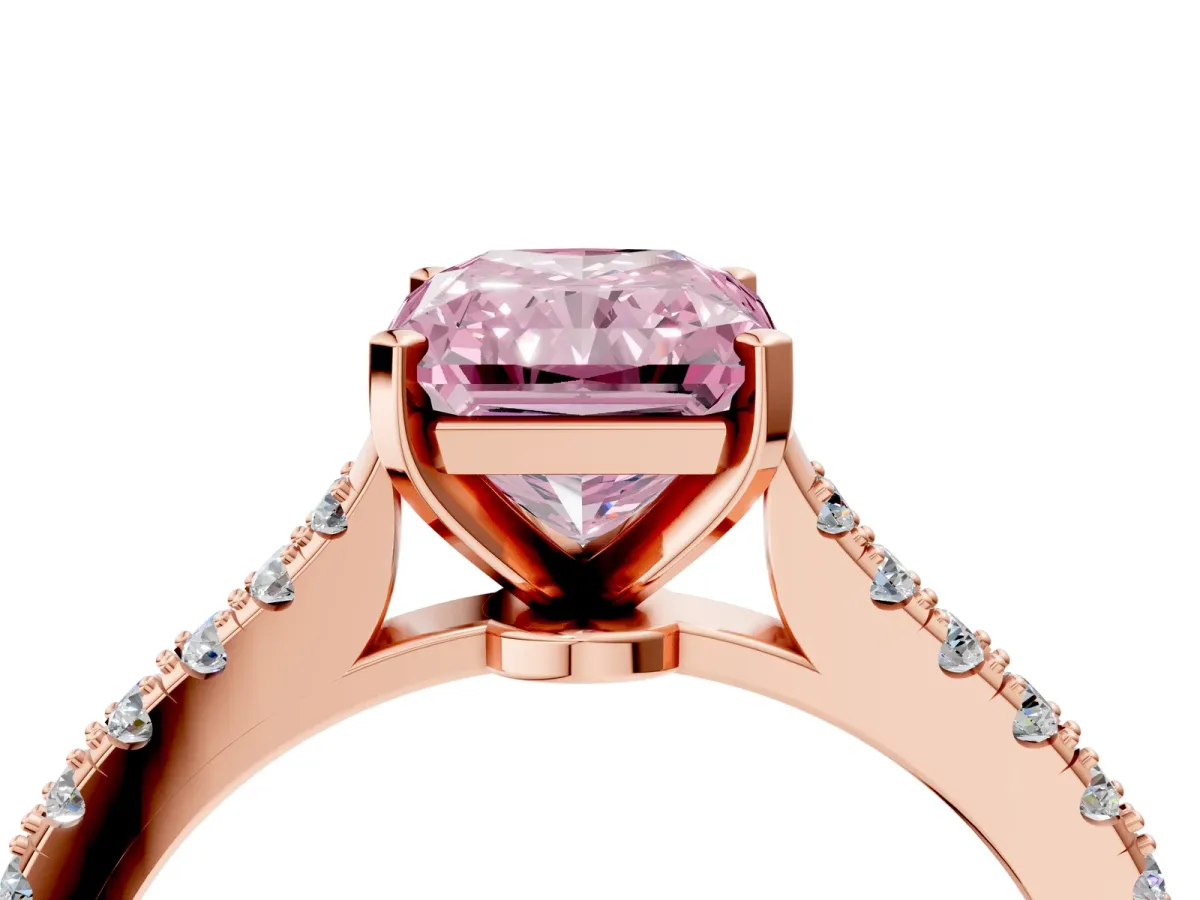 Fancy Pink Radiant Cut Cut Solitaire Diamond Engagement Ring with Pave Band and Four-Prong Setting Rose gold