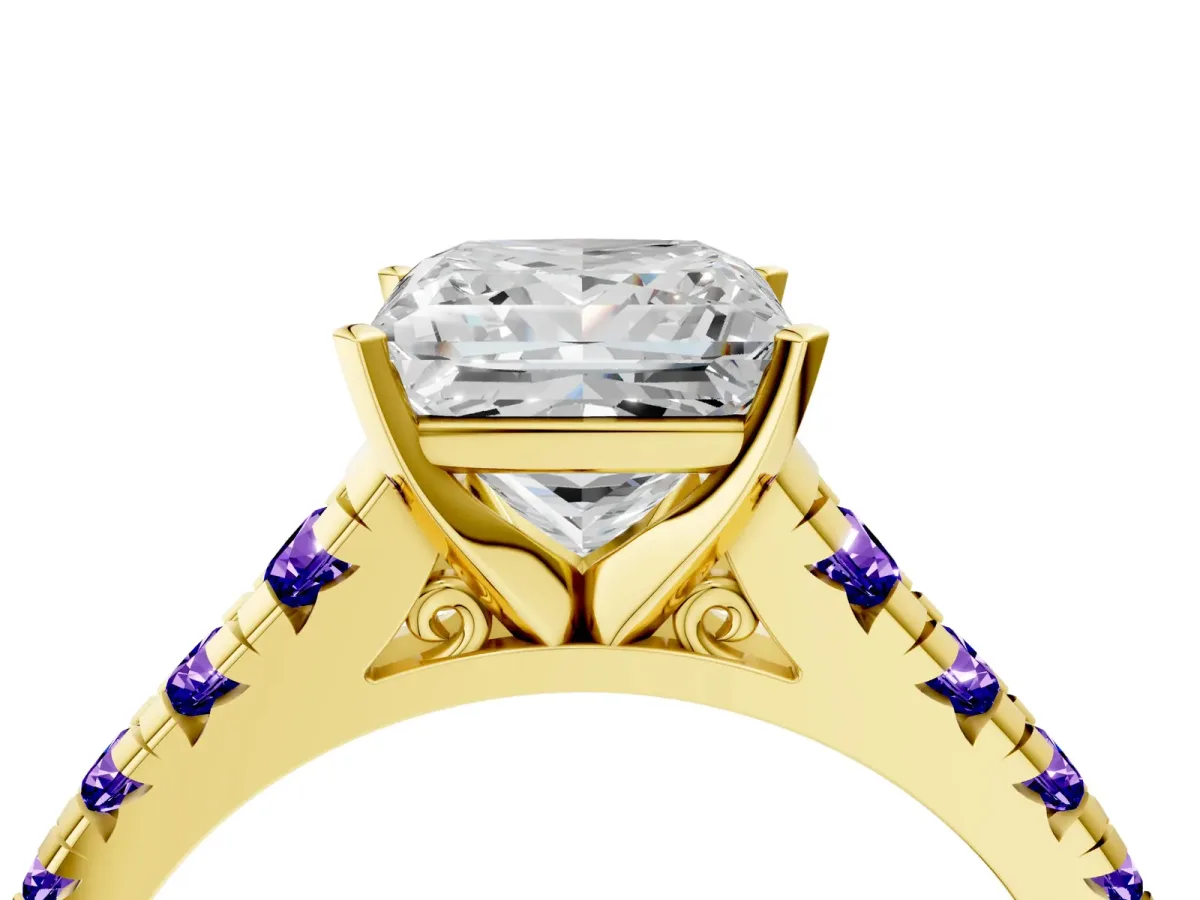 Princess Cut Diamond Cathedral Solitaire Ring with Round Tanzanite Pavé Band Yellow gold