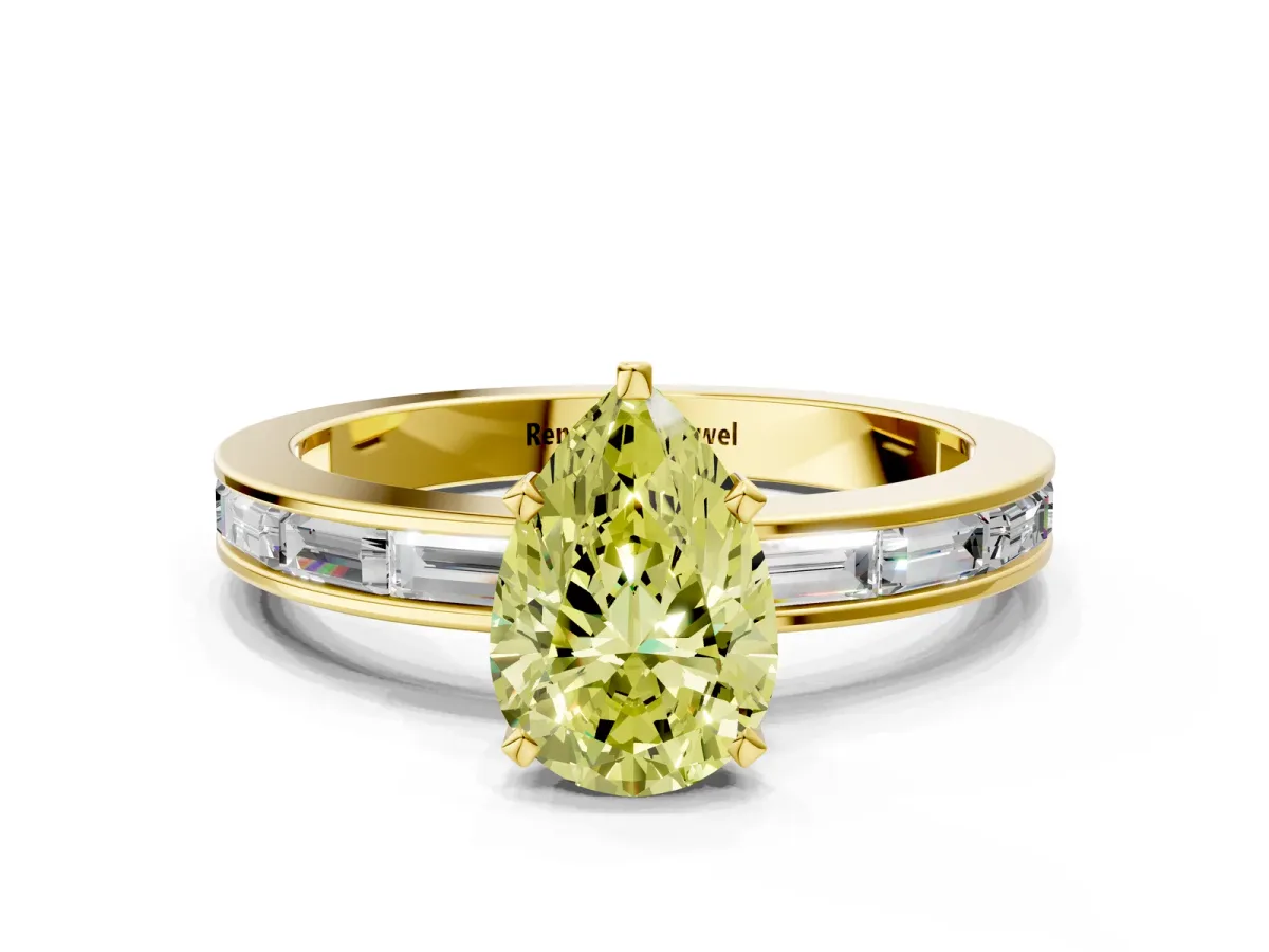 Fancy Yellow Pear Cut Solitaire Diamond Ring with Channel-Set Baguette Band and Four-Prong Setting Yellow gold