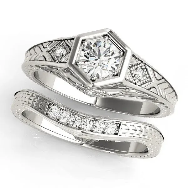 Hexagonal Bezel Round Cut Diamond Engraved Band Prong Ring Platinum