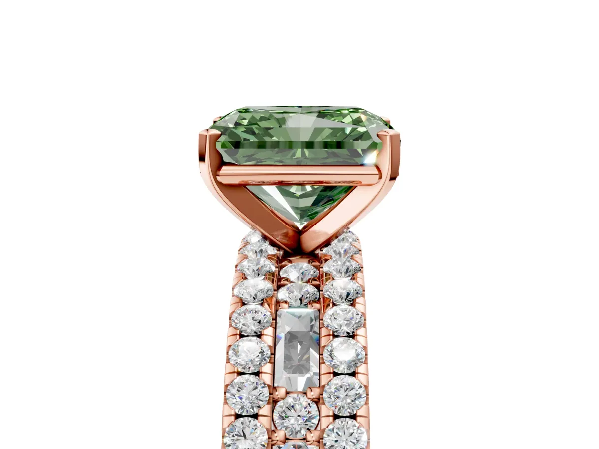 Fancy Green Radiant Cut Diamond Solitaire Ring with Pavé and Channel Set Band Rose gold