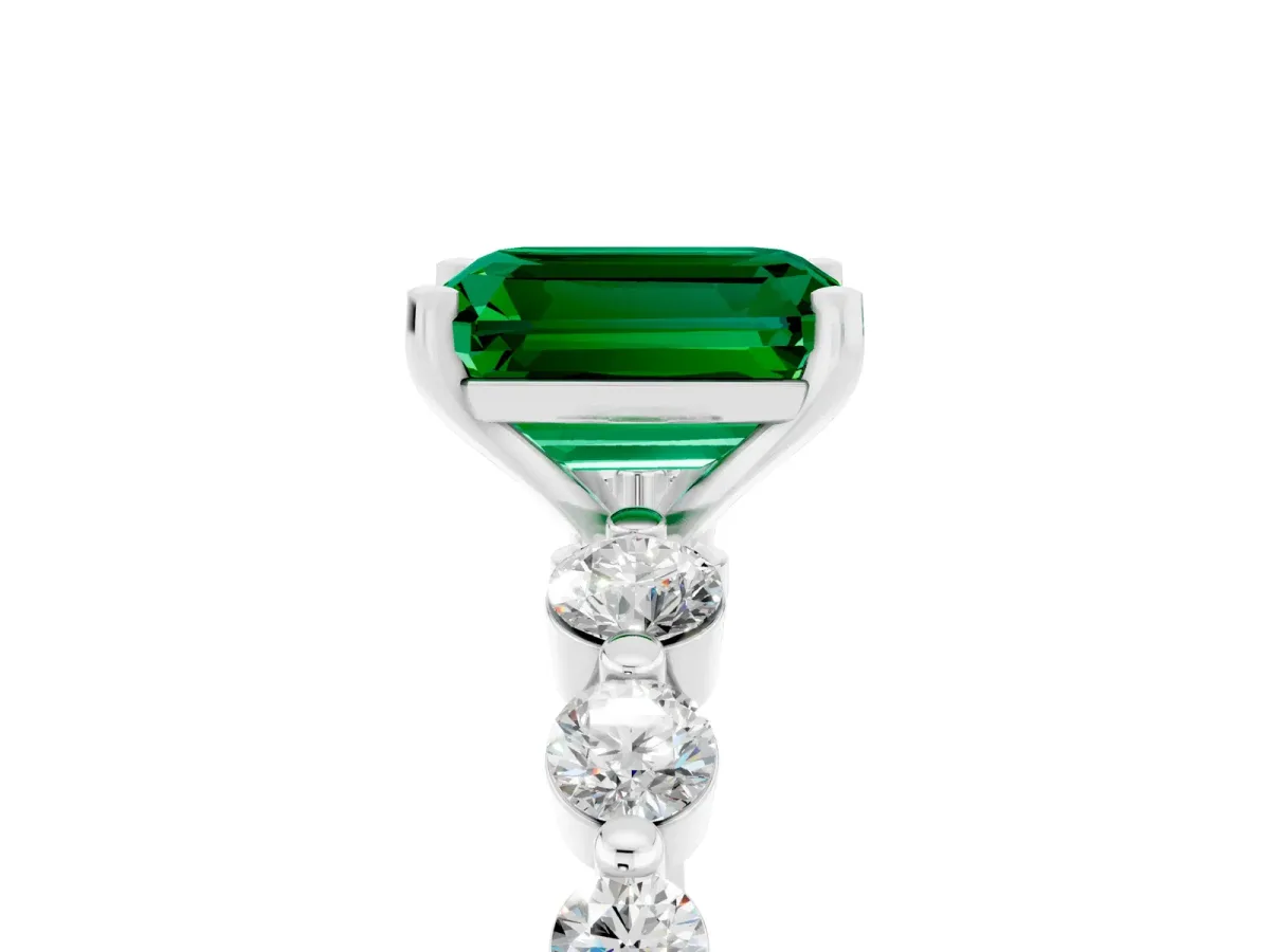 Emerald Cut Solitaire Emerald Ring with Pave Band and Four-Prong Setting White gold