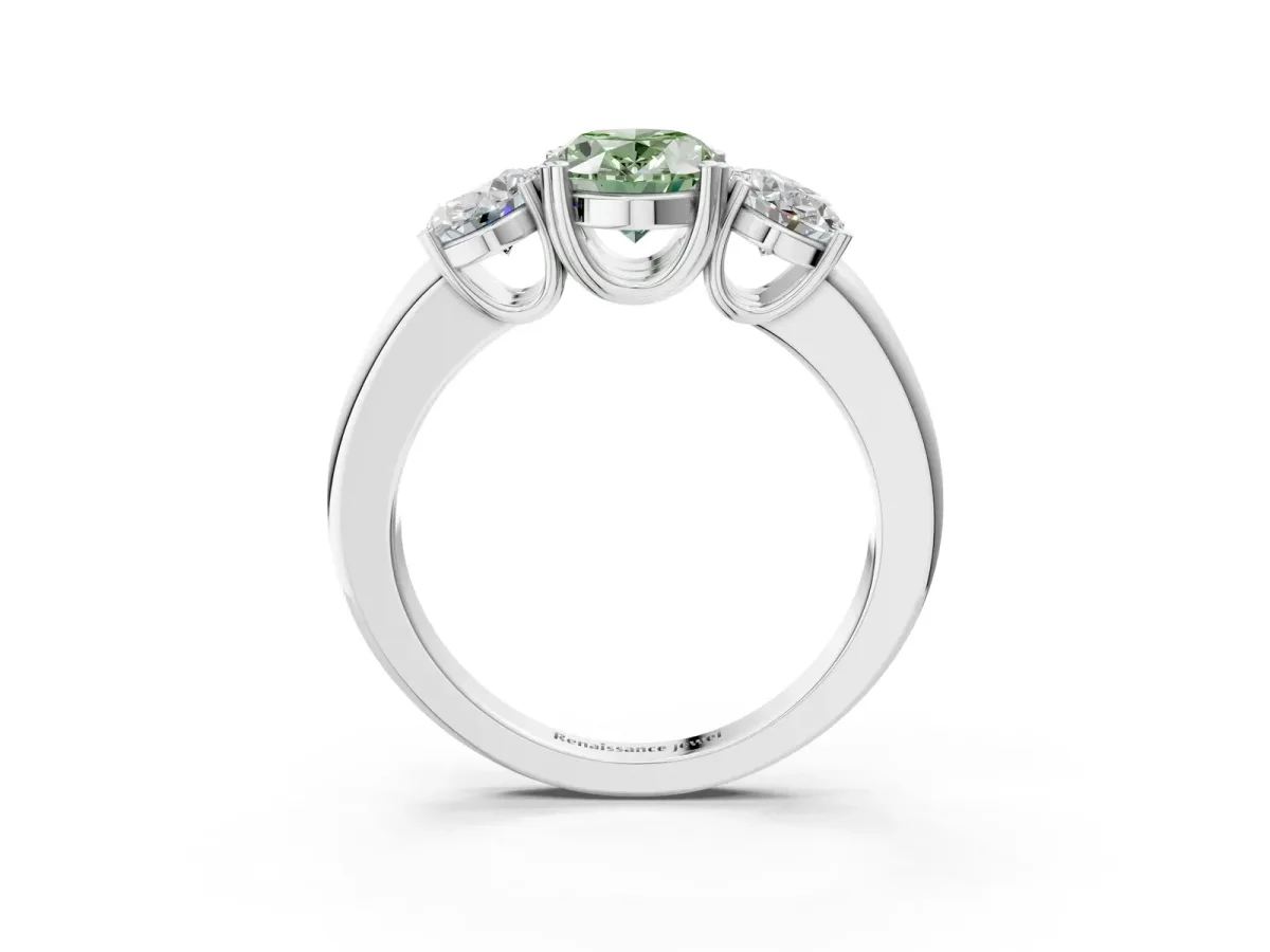 Fancy Green Three-Stone Oval Cut Cut Diamond Ring with Channel Set Band and Four-Prong Setting Silver