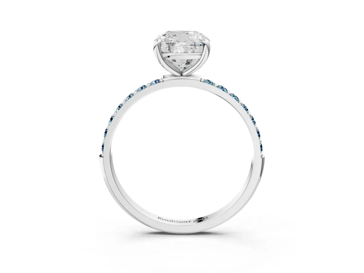 Cushion Cut Diamond Solitaire Ring with Round Aquamarine Pavé Band and Prong Setting White gold