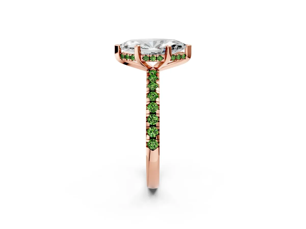 Marquise Cut Diamond Solitaire Ring with Round Peridot Pavé Band and Four-Prong Setting Rose gold