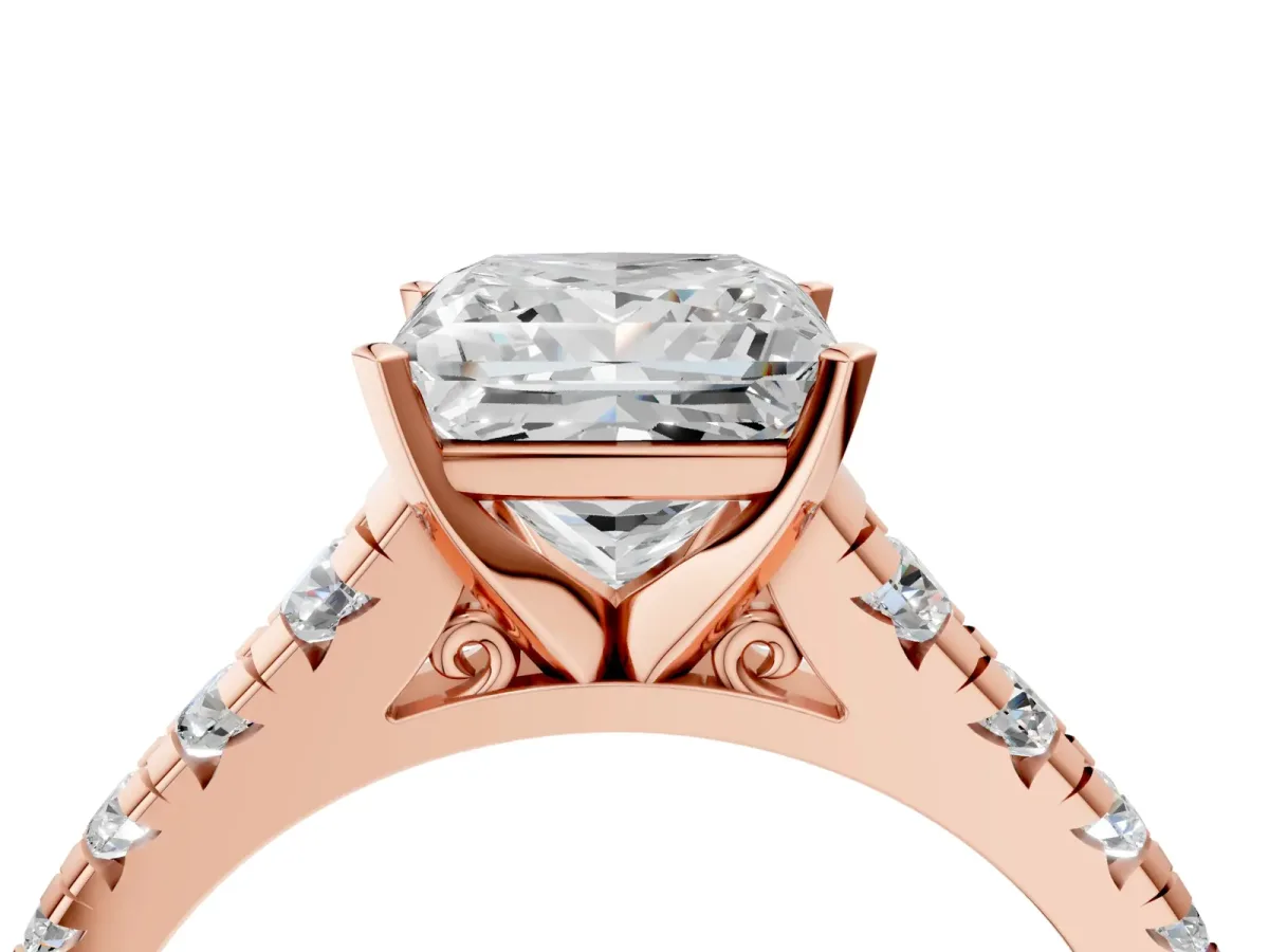 Princess Cut Diamond Cathedral Solitaire Ring with Round Moissanite Pavé Band Rose gold