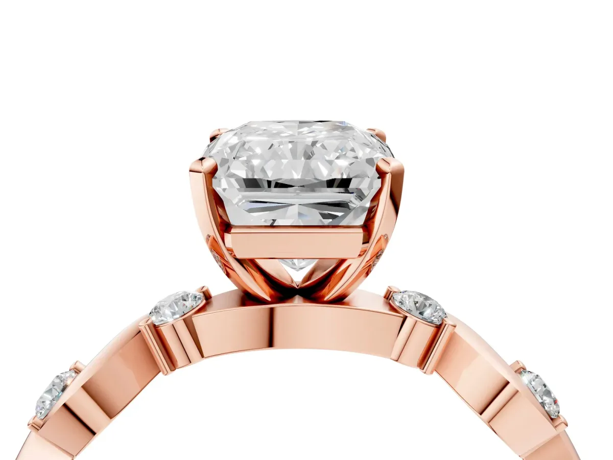 Radiant Cut Diamond Solitaire Twisted Band with Round Accents and Prong Setting Rose gold