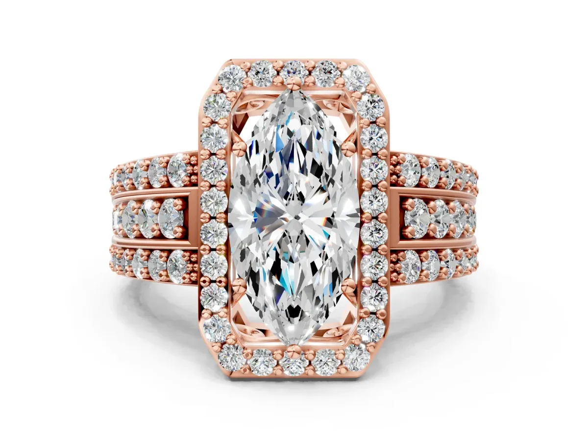 Marquise Cut Halo Diamond Ring with Round Split Shank and Prong Setting Rose gold