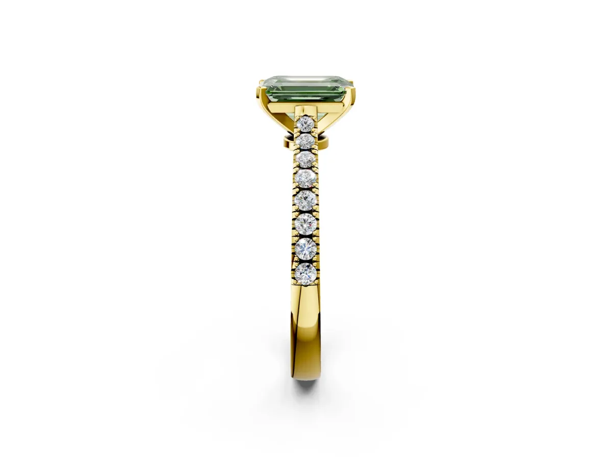 Fancy Green Emerald Cut Cut Solitaire Diamond Engagement Ring with Pave Band and Four-Prong Setting Yellow gold