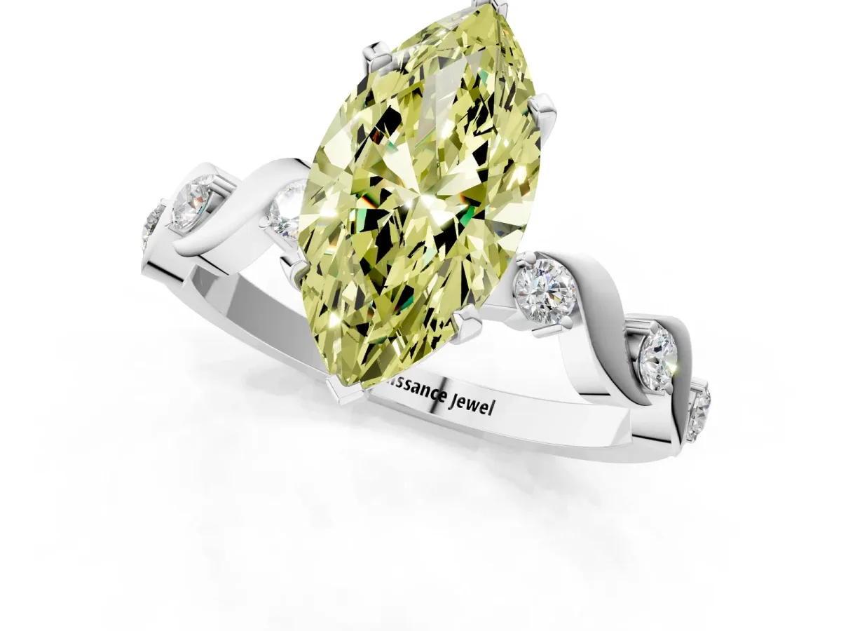 Fancy Yellow Marquise Cut Diamond Solitaire Twisted Band with Round Accents and Prong Setting White gold