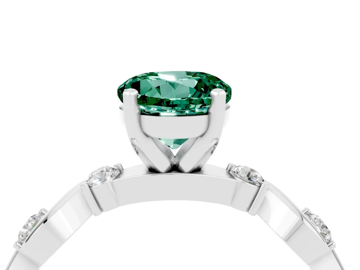 Round Cut Green Sapphire Solitaire Twisted Band with Round Accents and Prong Setting White gold