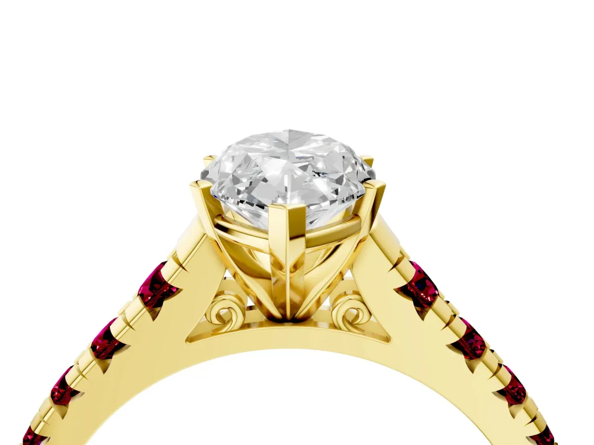 Marquise Cut Diamond Cathedral Solitaire Ring with Round Garnet Pavé Band Yellow gold