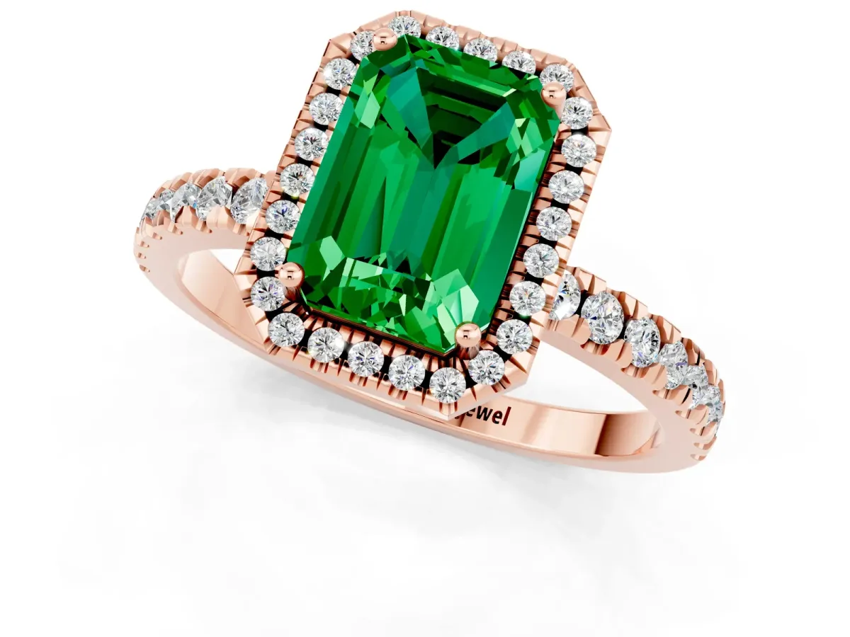 Emerald Cut Emerald Classic Halo Engagement Ring with Round Pavé Band and Prong Setting Rose gold