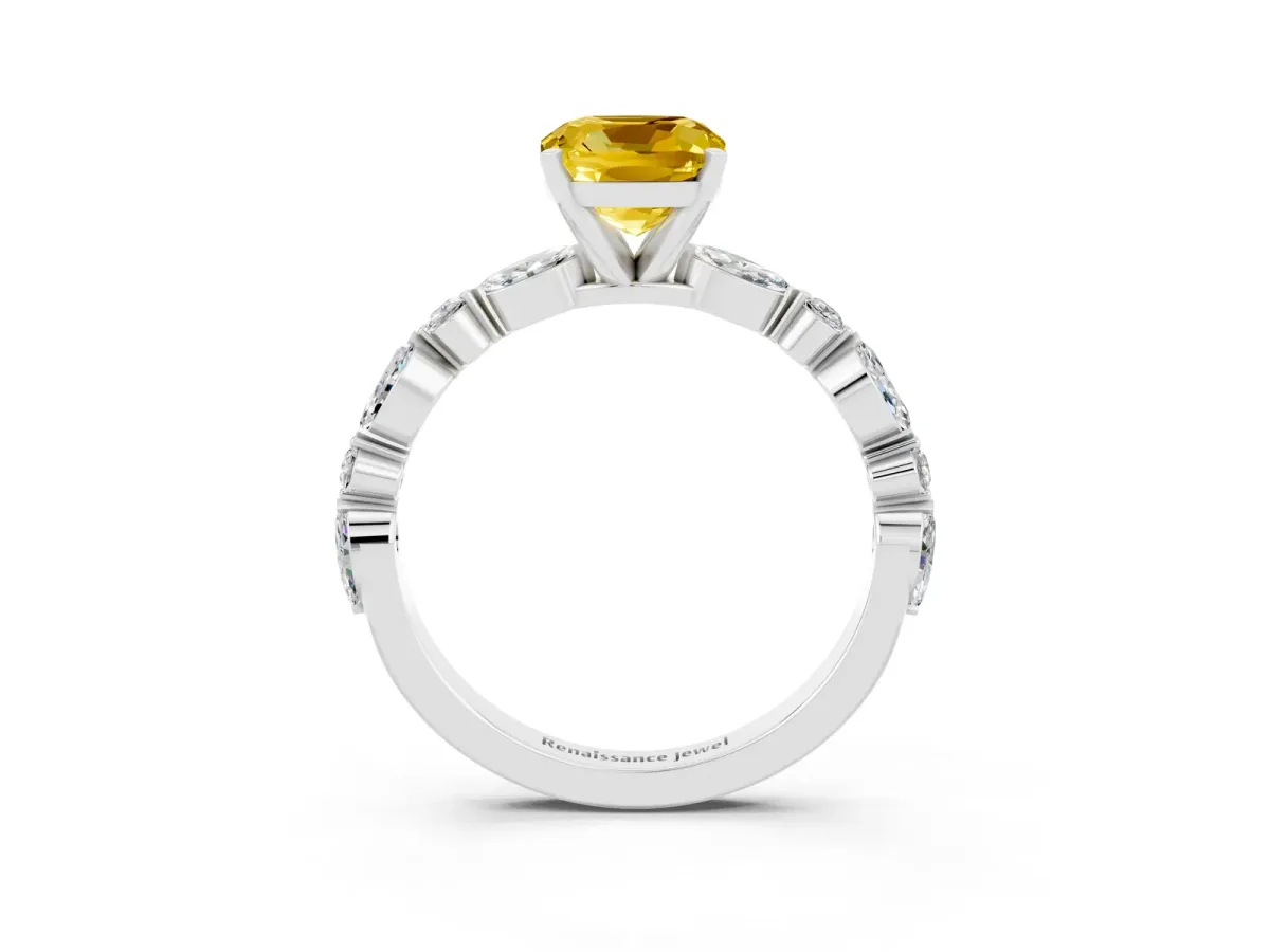 Cushion Cut Yellow Sapphire Ring with Marquise and Round Side Stones and Four-Prong Setting Platinum