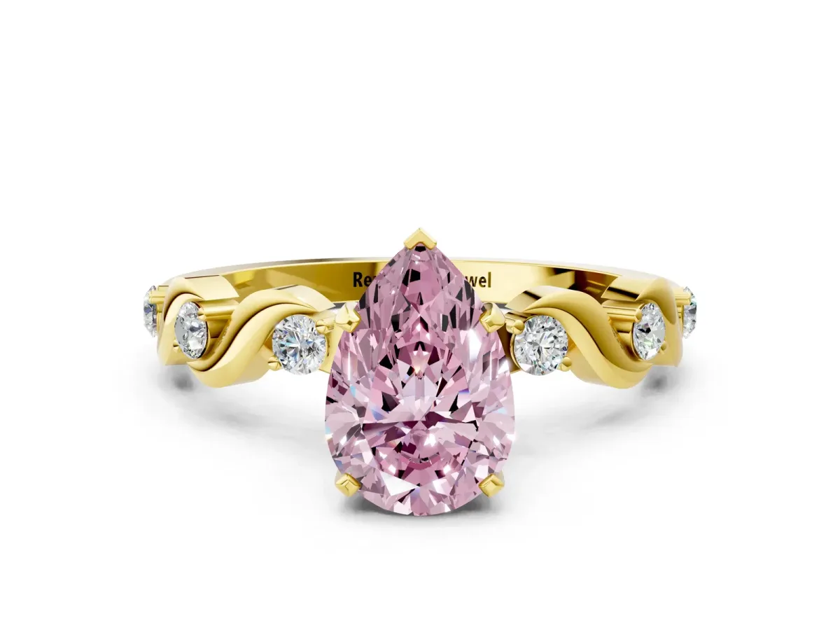 Fancy Pink Pear Cut Diamond Solitaire Twisted Band with Round Accents and Prong Setting Yellow gold