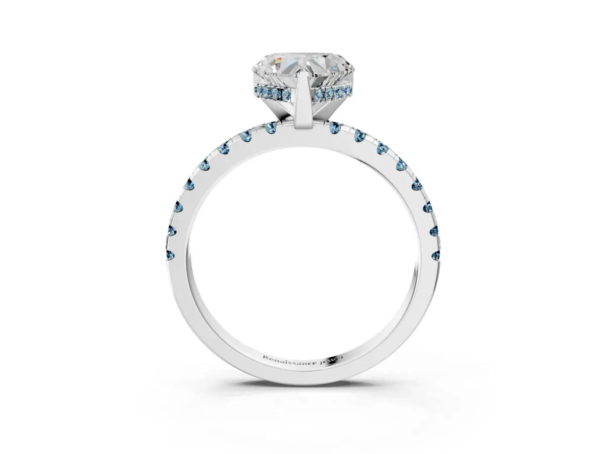 Heart Cut Diamond Solitaire Ring with Round Aquamarine Pavé Band and Four-Prong Setting Platinum
