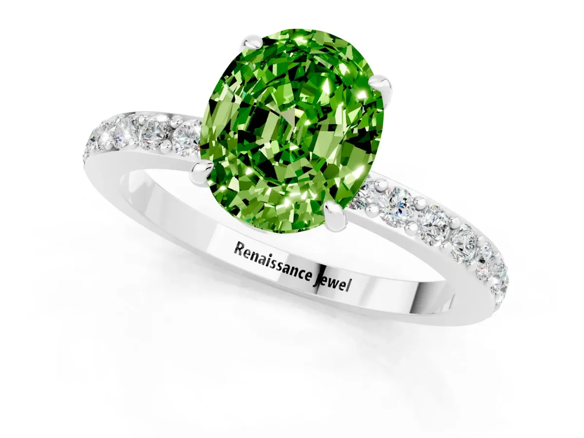 Oval Cut Peridot Solitaire Engagement Ring with Pavé Band and Four-Prong Setting Silver