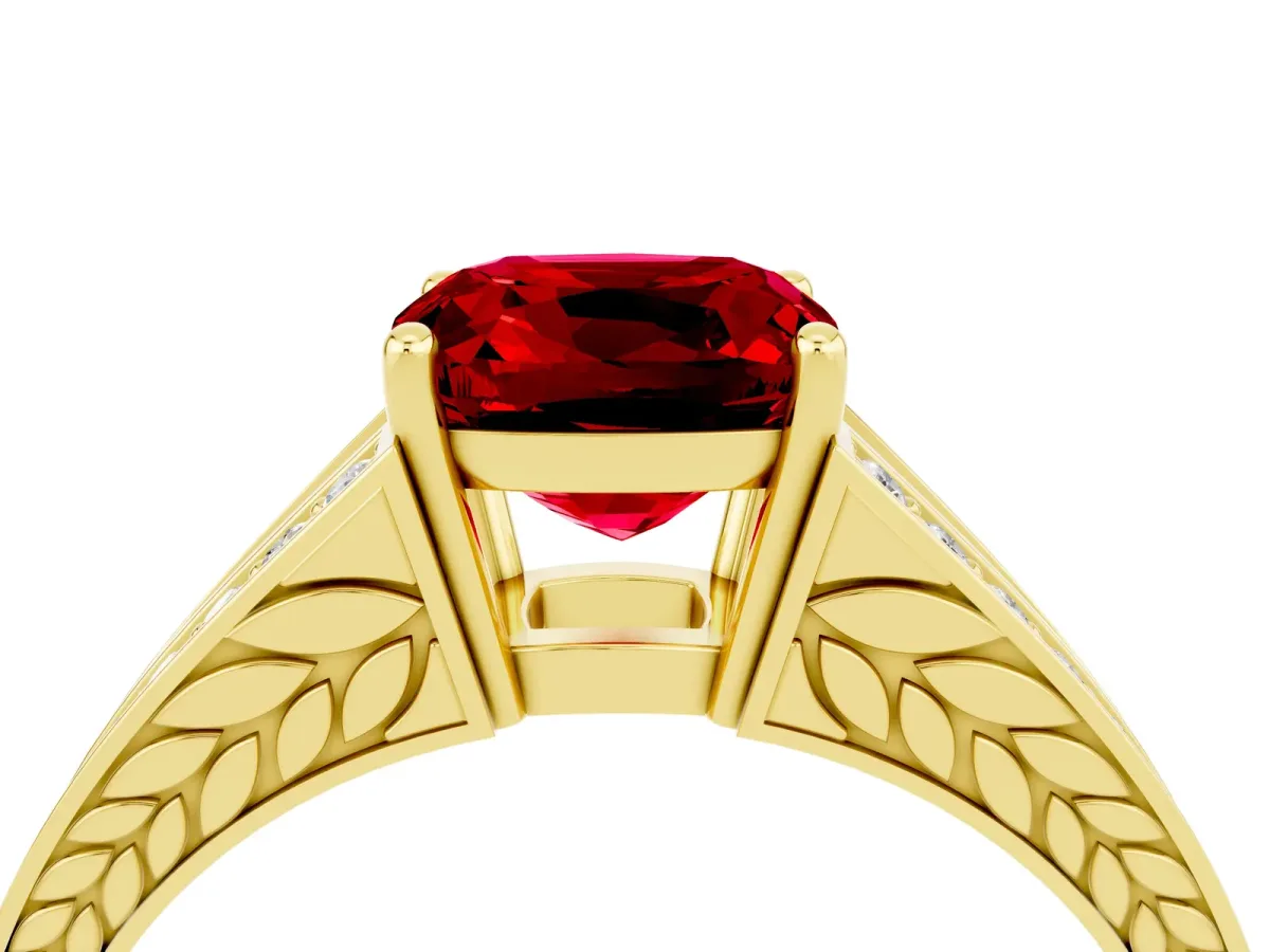 Cushion Cut Ruby Split Shank Ring with Pavé Band and Four-Prong Setting Yellow gold