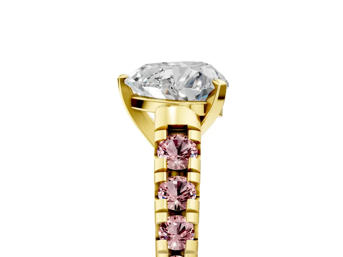 Heart Cut Diamond Cathedral Solitaire Ring with Round Morganite Pavé Band Yellow gold