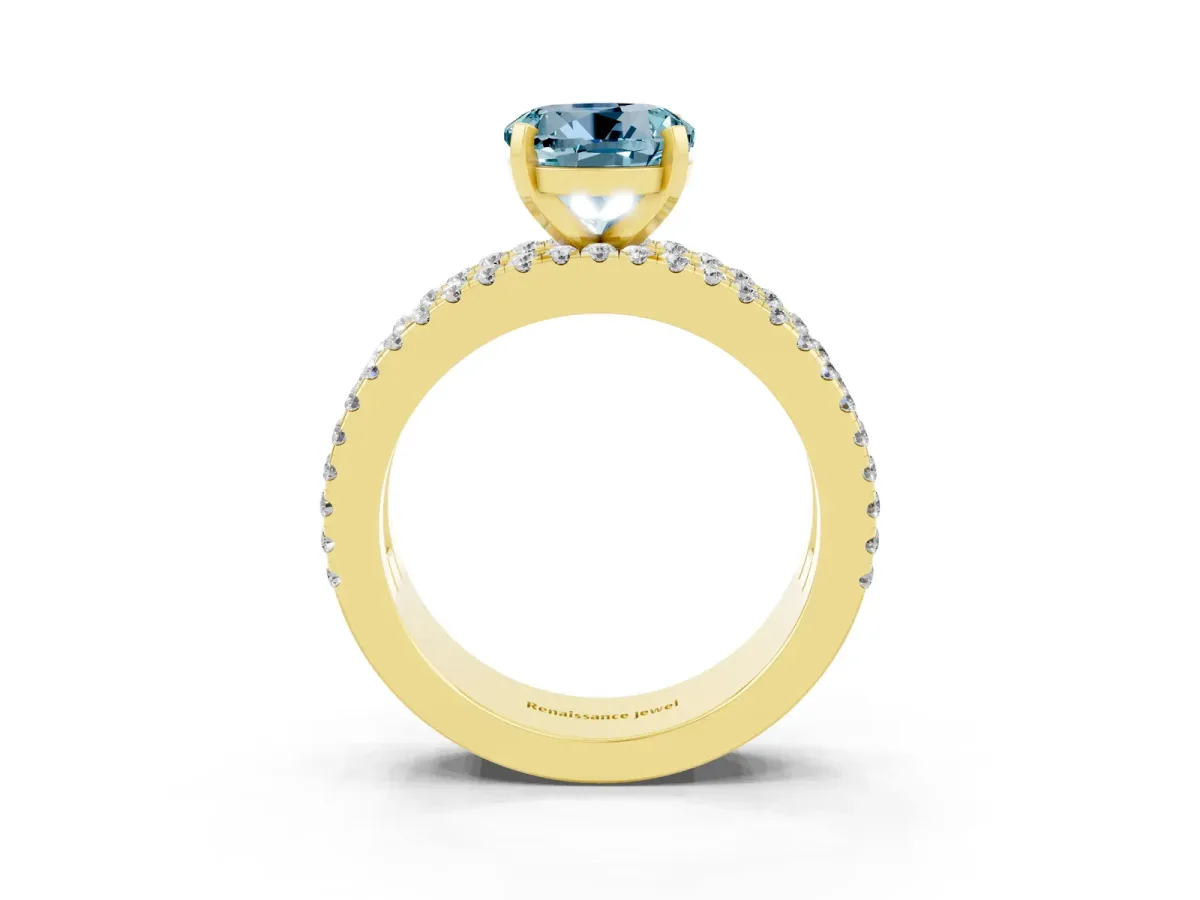 Round Cut Aquamarine Solitaire Ring with Pavé and Channel Set Band Yellow gold