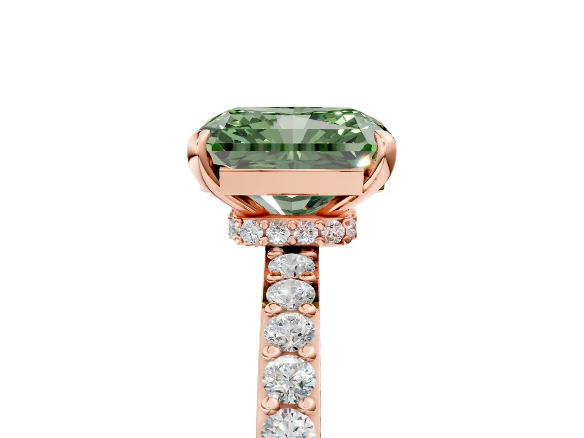 Fancy Green Radiant Cut Diamond Solitaire Engagement Ring with Pavé Band and Four-Prong Setting Rose gold