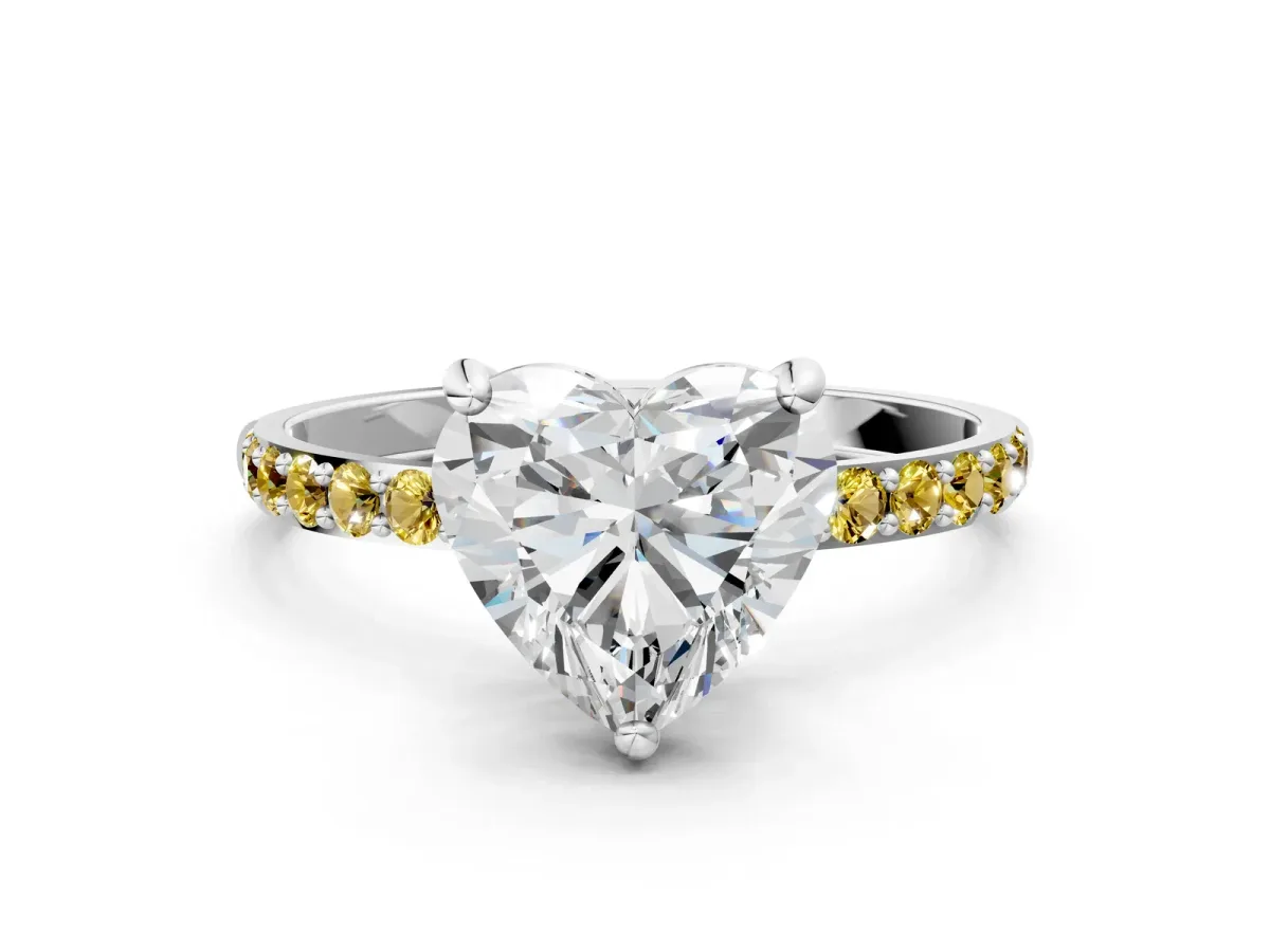 Heart Cut Diamond Solitaire Ring with Round Yellow Sapphire Pavé Band and Prong Setting White gold