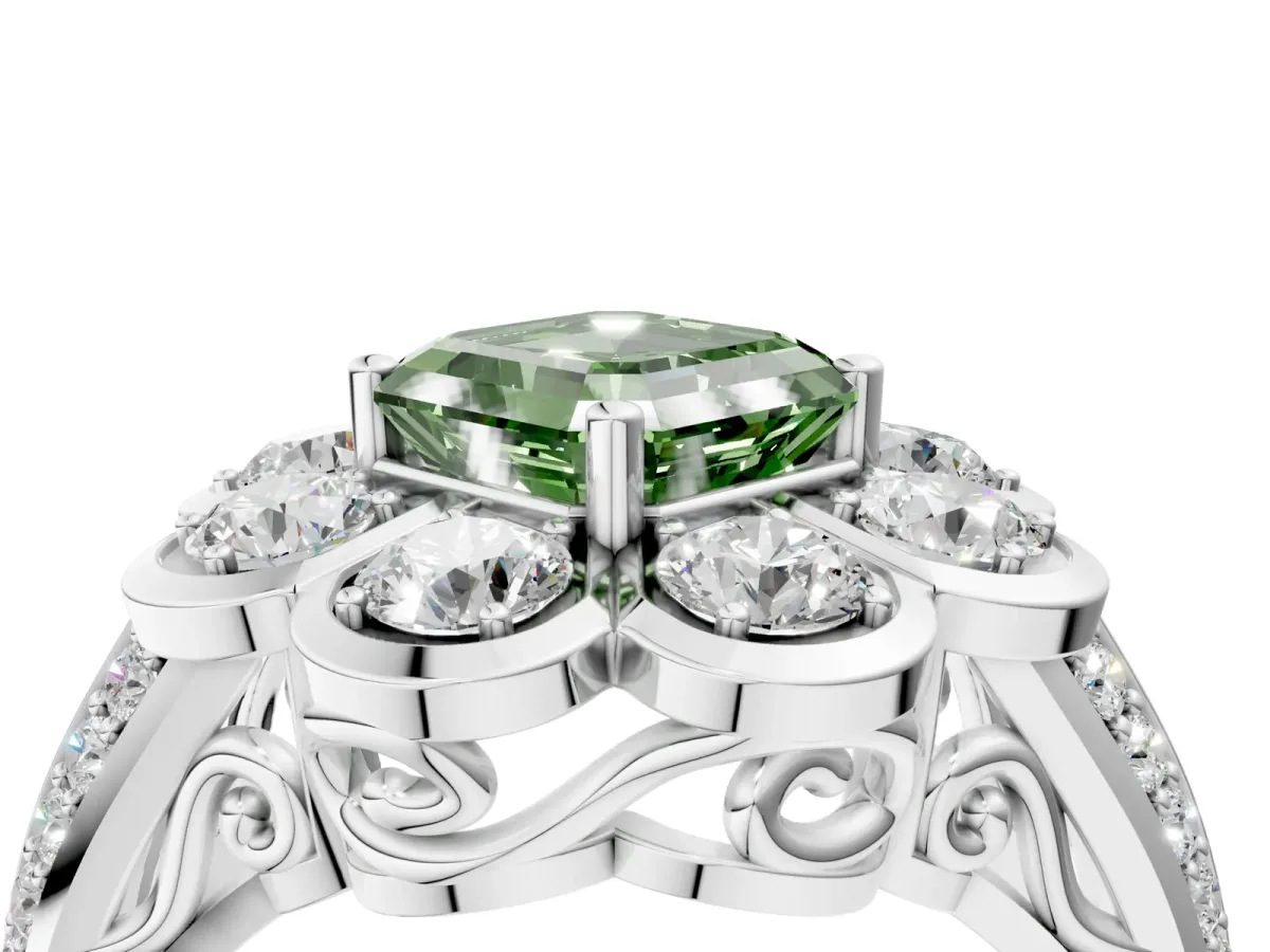 Fancy Green Asscher Cut Brilliant Flower Halo Diamond Split Shank Ring Platinum