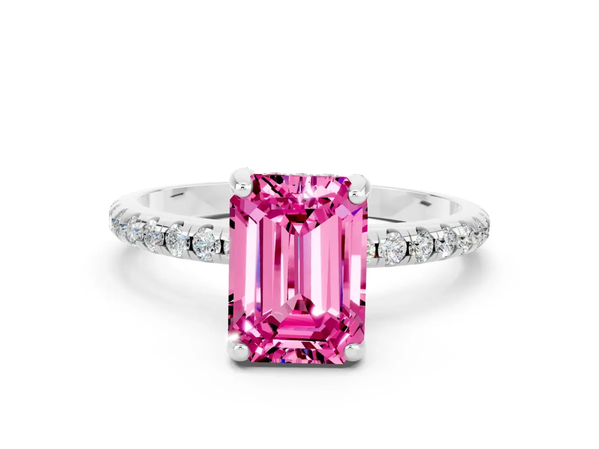 Emerald Cut Pink Sapphire Hidden Halo Engagement Ring with Round Pavé Band and Prong Setting Silver