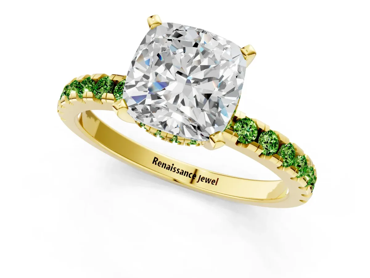 Cushion Cut Diamond Solitaire Ring with Round Peridot Pavé Band and Four-Prong Setting Yellow gold