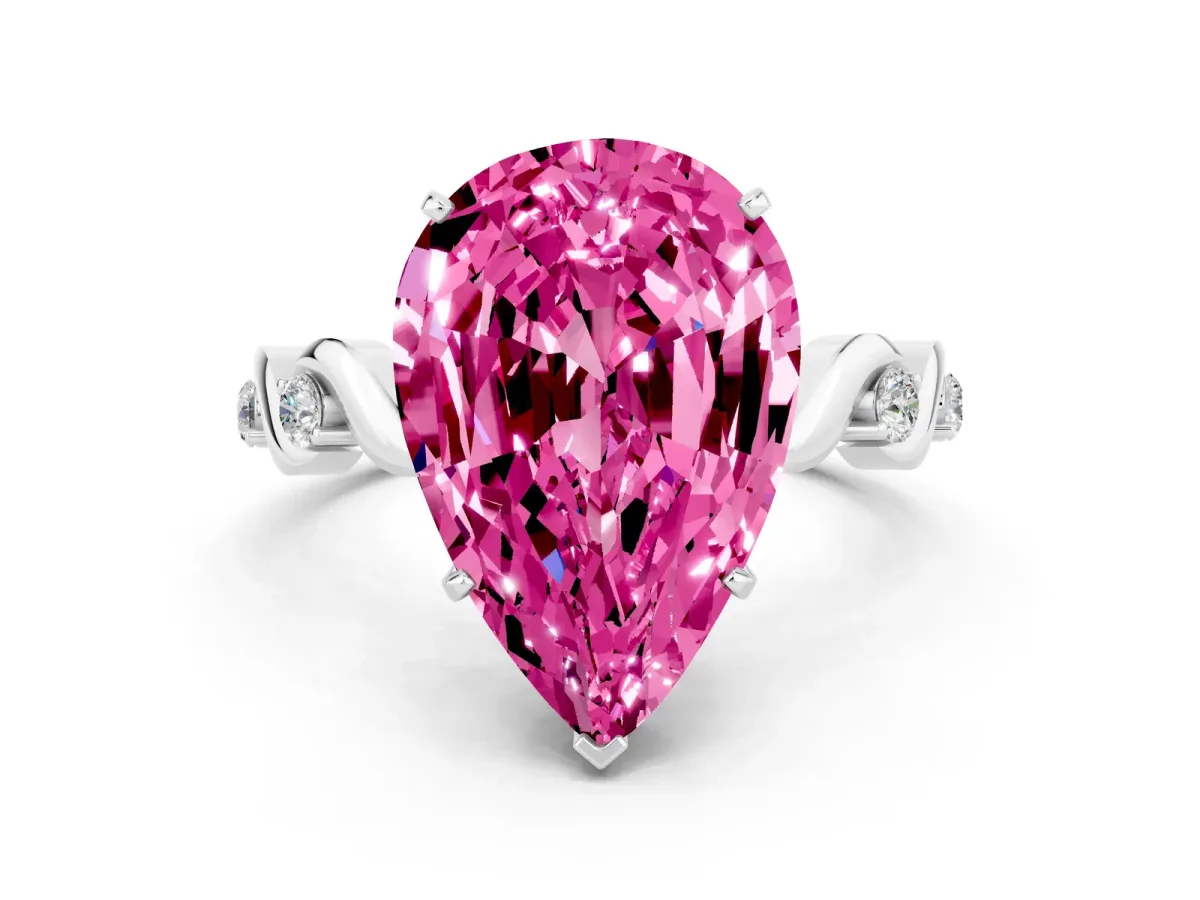 Pear Cut Pink Sapphire Solitaire Twisted Band with Round Accents and Prong Setting White gold