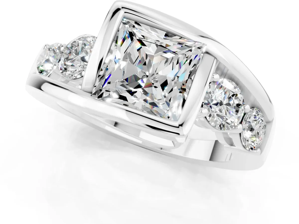 Bezel Set Princess Cut Moissanite Bypass Ring with Round Accents Silver