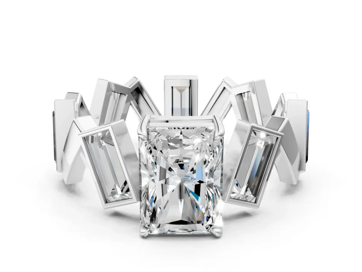 Radiant Diamond Geometric Side Stone Engagement Ring Silver