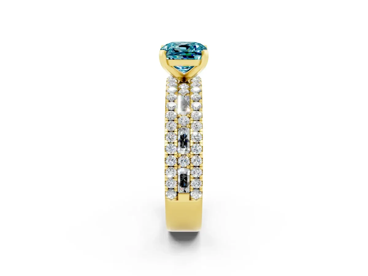 Cushion Cut Blue Topaz Solitaire Ring with Pavé and Channel Set Band Yellow gold