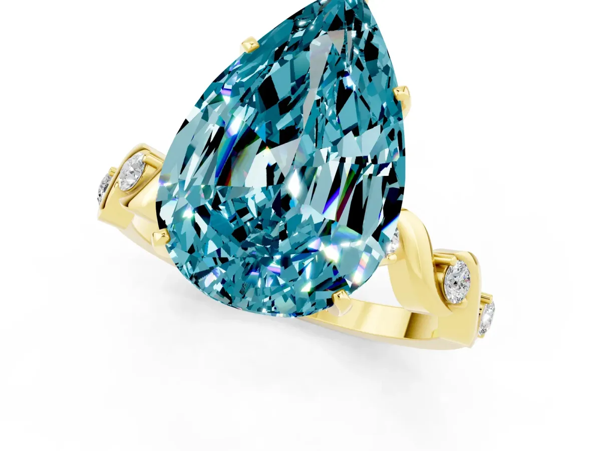 Pear Cut Blue Topaz Solitaire Twisted Band with Round Accents and Prong Setting Yellow gold