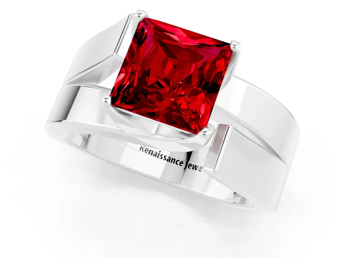 Modern Tension Set Princess Cut Ruby Solitaire Wide Band Ring Silver