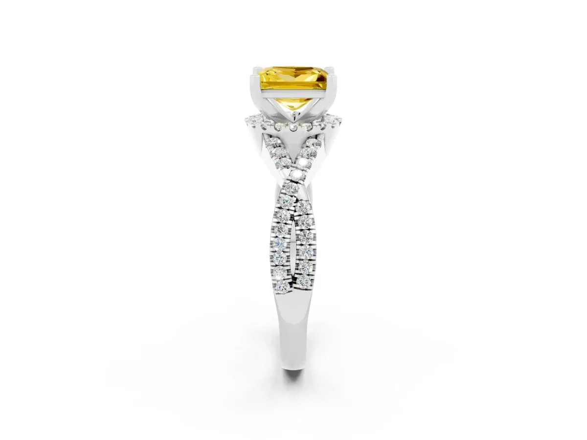 Princess Cut Yellow Sapphire Halo Twist Band Solitaire Prong Setting Ring White gold
