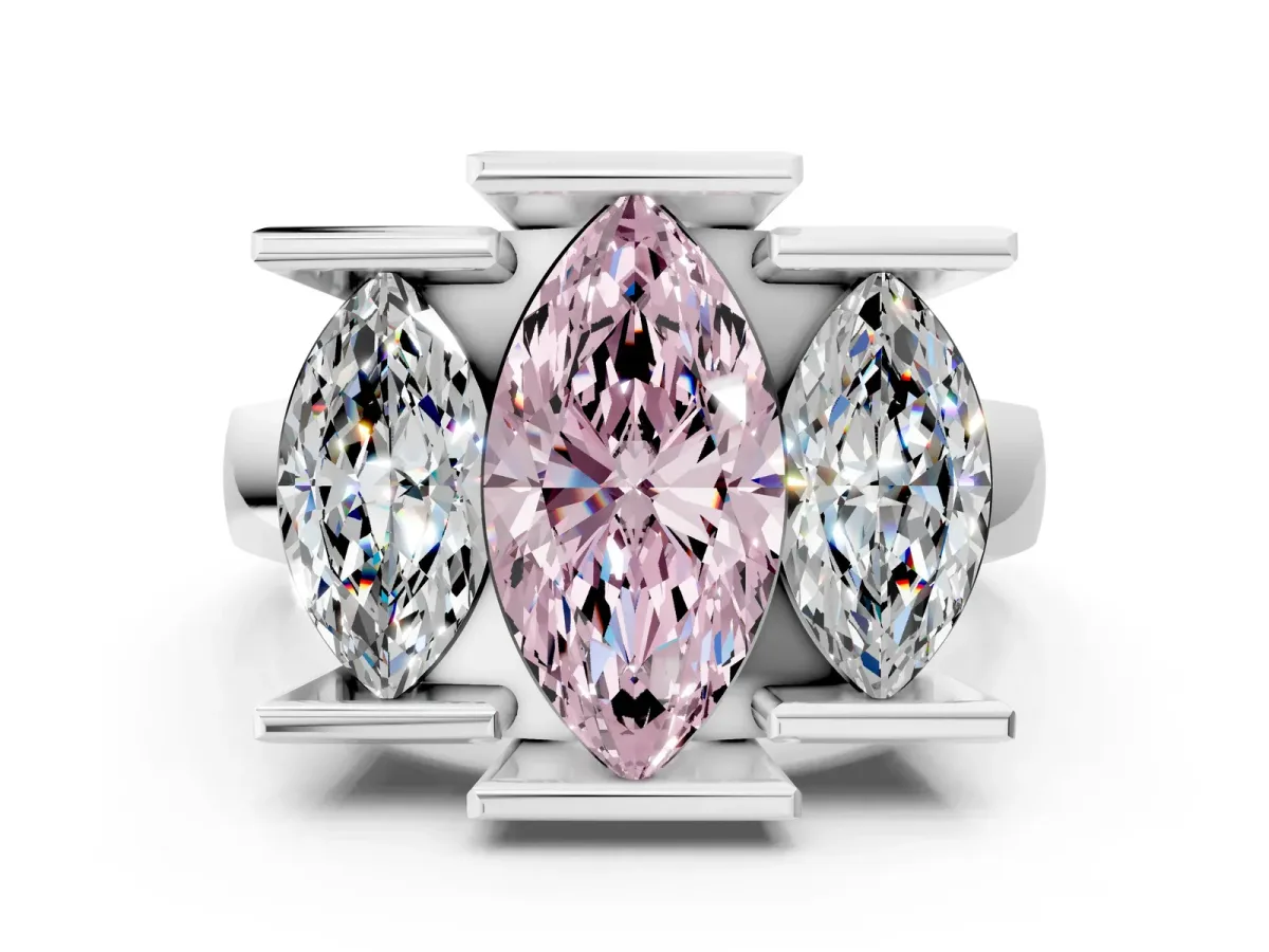 Fancy Pink Three Stone Marquise Cut Cut Channel Set Diamond Ring Silver