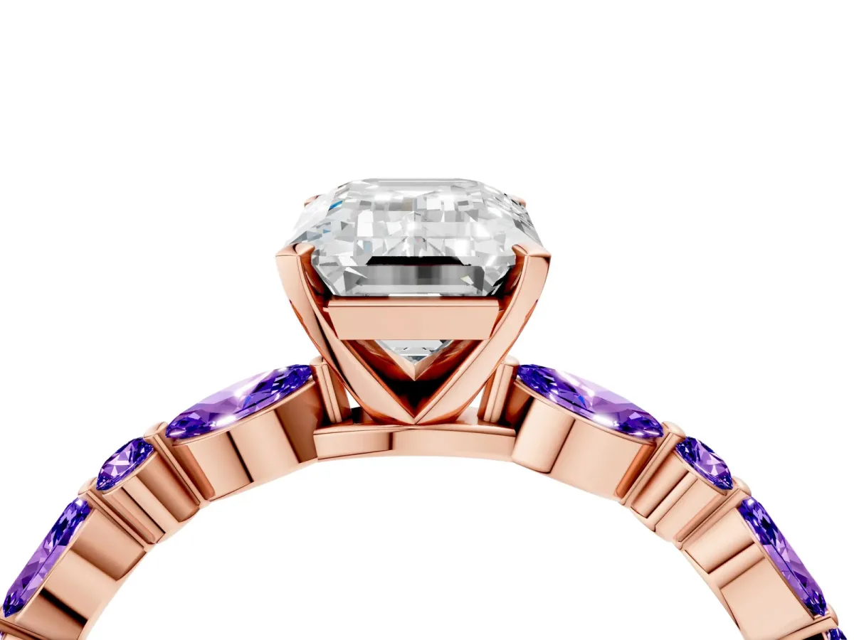 Emerald Cut Diamond Ring with Marquise and Round Tanzanite Side Stones and Four-Prong Setting Rose gold