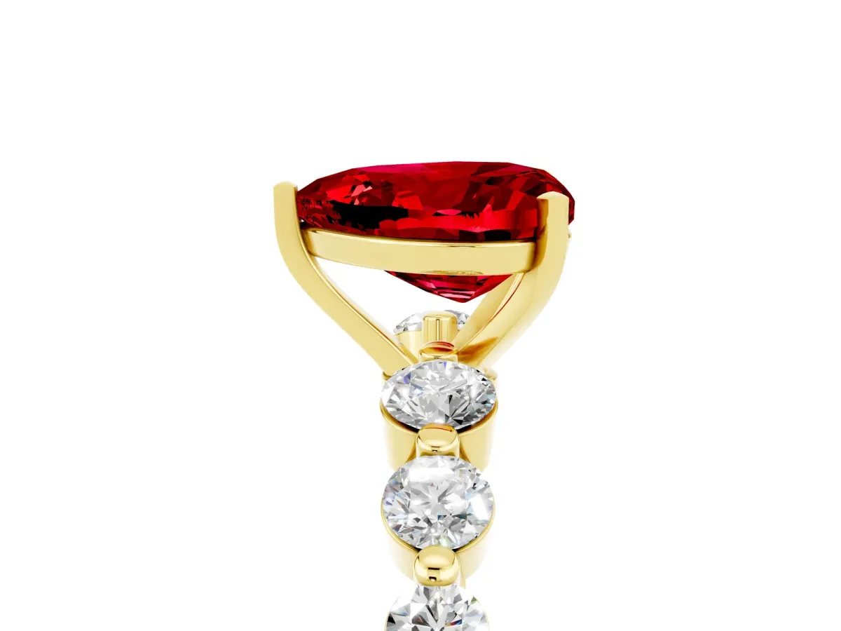 Heart Cut Solitaire Ruby Ring with Pave Band and Four-Prong Setting Yellow gold