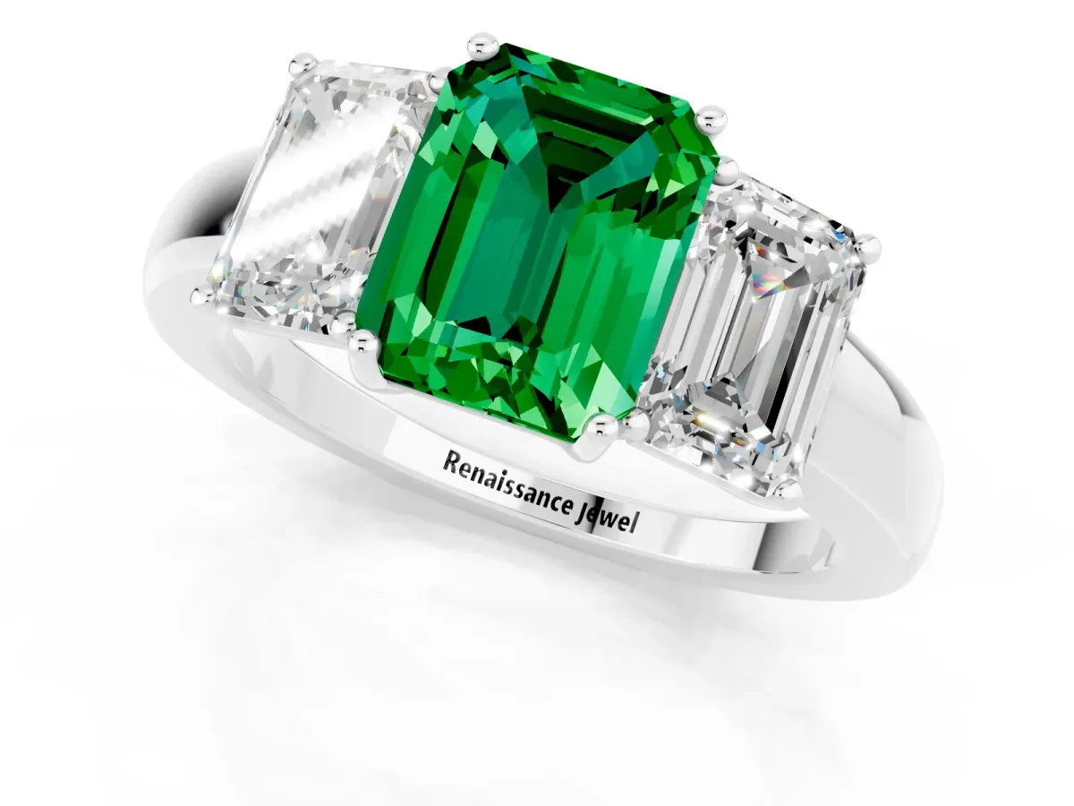 Emerald Cut Emerald Three-Stone Ring with Four-Prong Setting and Classic Band Silver