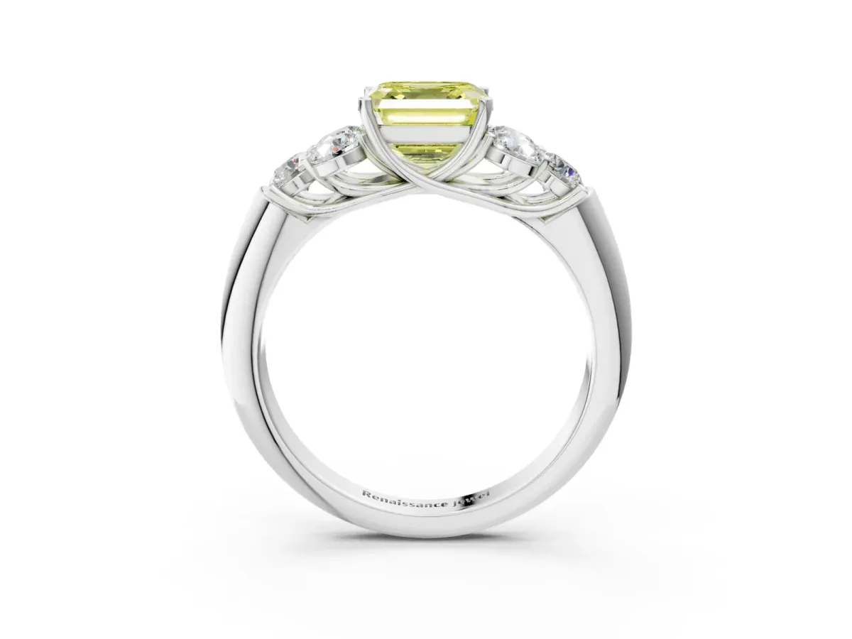 Fancy Yellow Asscher Cut Cut Diamond Cluster Ring with Round Accent Stones and Prong Setting on a Classic Band Platinum
